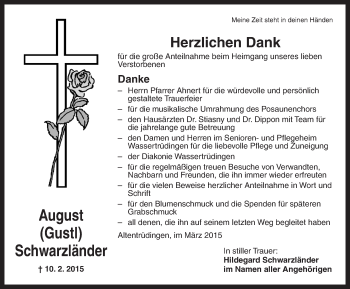 Traueranzeige von August  Schwarzländer von Dinkelsbühl/ Feuchtwangen