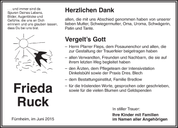 Traueranzeige von Frieda Ruck von Dinkelsbühl/ Feuchtwangen