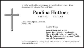 Traueranzeige von Paulina Hüttner von Dinkelsbühl/ Feuchtwangen