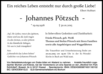 Traueranzeige von Johannes Pötzsch von Ansbach