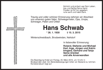 Traueranzeige von Hans Schwab von Ansbach