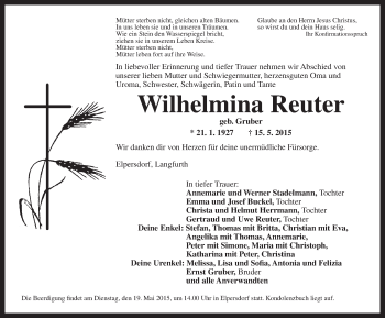 Traueranzeige von Wilhelmina Reuter von Ansbach