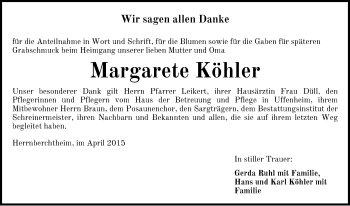 Traueranzeige von Margarete Köhler von Gesamtausgabe