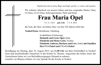 Traueranzeige von Maria Opel von Neustadt/ Scheinfeld/ Uffenheim