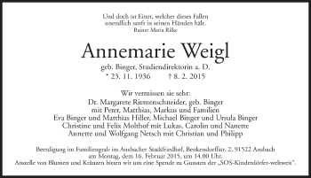 Traueranzeige von Annemarie Weigl von Ansbach