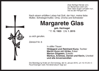 Traueranzeige von Margarete Glas von Dinkelsbühl/ Feuchtwangen