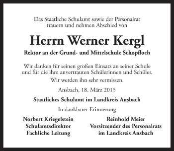 Traueranzeige von Werner Kergl von Ansbach