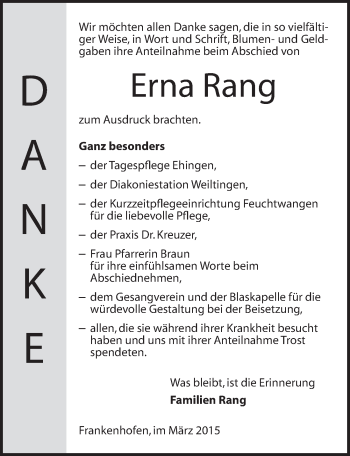 Traueranzeige von Erna Rang von Dinkelsbühl/ Feuchtwangen