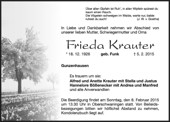 Traueranzeige von Frieda Krauter von Dinkelsbühl/ Feuchtwangen