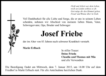 Traueranzeige von Josef Friebe von Neustadt/ Scheinfeld/ Uffenheim