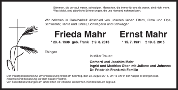 Traueranzeige von Frieda und Ernst Mahr von Dinkelsbühl/ Feuchtwangen