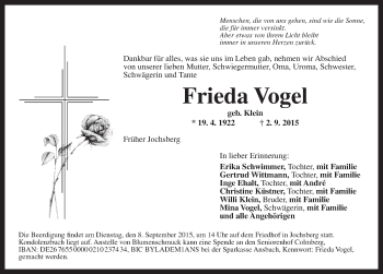 Traueranzeige von Frieda Vogel von Ansbach