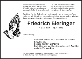 Traueranzeige von Friedrich Bieringer von Dinkelsbühl/ Feuchtwangen