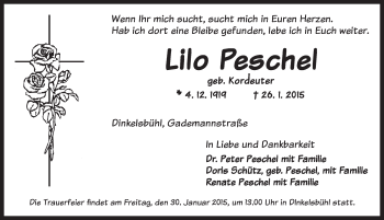 Traueranzeige von Lilo Peschel von Dinkelsbühl/ Feuchtwangen