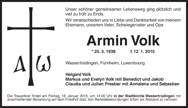  Traueranzeige für Armin Volk vom 15.01.2015 aus Dinkelsbühl/ Feuchtwangen