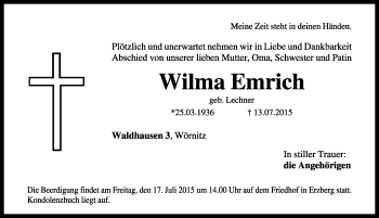 Traueranzeige von Wilma Emrich von Dinkelsbühl/ Feuchtwangen