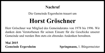 Traueranzeige von Horst Gröschner von Neustadt/ Scheinfeld/ Uffenheim