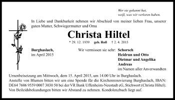 Traueranzeige von Christa Hiltel von Neustadt/ Scheinfeld/ Uffenheim