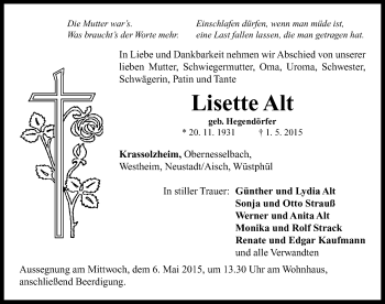 Traueranzeige von Lisette Alt von Neustadt/ Scheinfeld/ Uffenheim