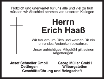 Traueranzeige von Erich Haaß von Dinkelsbühl/ Feuchtwangen