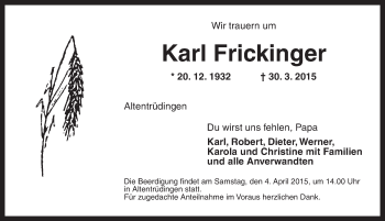 Traueranzeige von Karl Frickinger von Dinkelsbühl/ Feuchtwangen