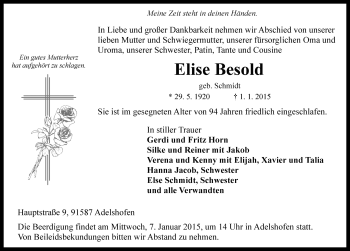 Traueranzeige von Elise Besold von Rothenburg