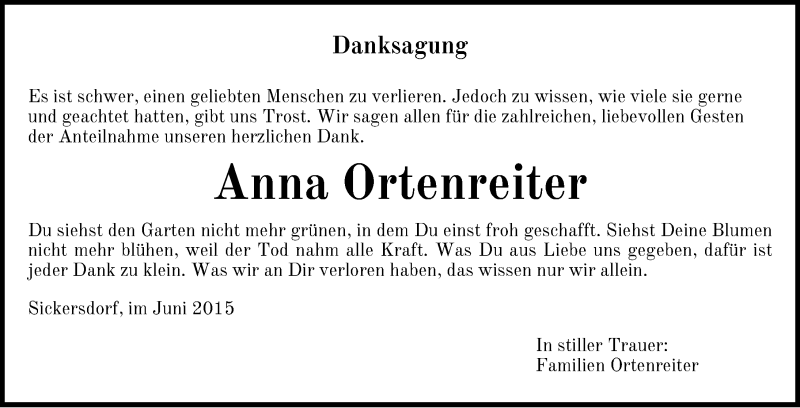  Traueranzeige für Anna Ortenreiter vom 18.06.2015 aus Ansbach