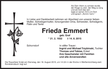 Traueranzeige von Frieda Emmert von Ansbach