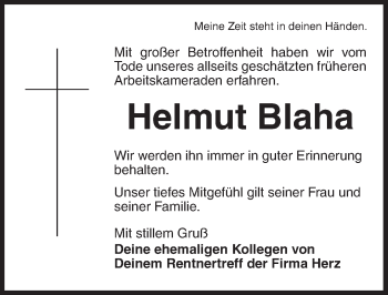 Traueranzeige von Helmut Blaha von Dinkelsbühl/ Feuchtwangen