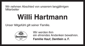 Traueranzeige von Willi Hartmann von Dinkelsbühl/ Feuchtwangen