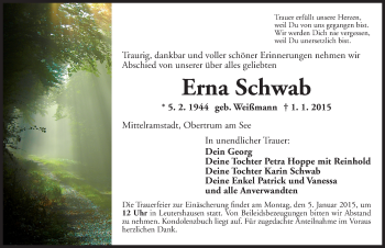 Traueranzeige von Erna Schwab von Ansbach