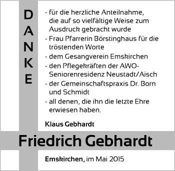 Traueranzeige von Friedrich Gebhardt von Neustadt/ Scheinfeld/ Uffenheim
