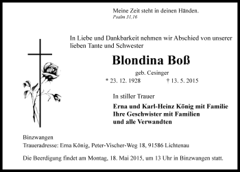 Traueranzeige von Blondina Boß von Rothenburg