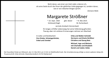 Traueranzeige von Margarete Strößner von Ansbach