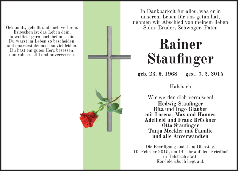 Traueranzeige für Rainer Staufinger vom 09.02.2015 aus Dinkelsbühl/ Feuchtwangen