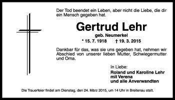 Traueranzeige von Gertrud Lehr von Rothenburg