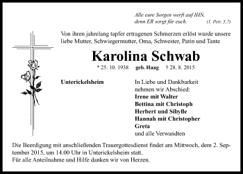 Traueranzeige von Karolina Schwab von Neustadt/ Scheinfeld/ Uffenheim