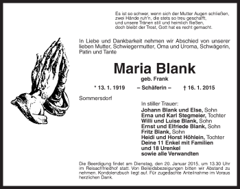 Traueranzeige von Maria Blank von Ansbach