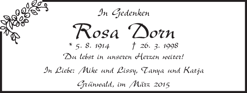  Traueranzeige für Rosa Dorn vom 26.03.2015 aus Ansbach