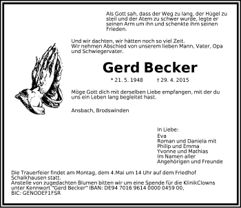 Traueranzeige von Gerd Becker von Ansbach