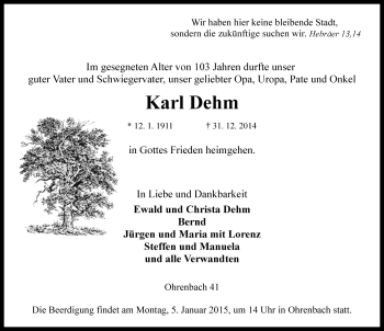 Traueranzeige von Karl Dehm von Rothenburg