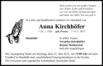 Traueranzeige von Anna Kirchhöfer von Neustadt/ Scheinfeld/ Uffenheim