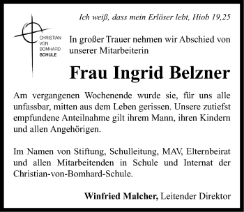 Traueranzeige von Ingrid Belzner von Neustadt/ Scheinfeld/ Uffenheim