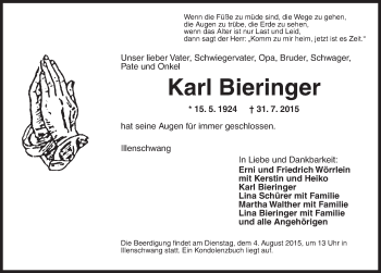 Traueranzeige von Karl Bieringer von Dinkelsbühl/ Feuchtwangen