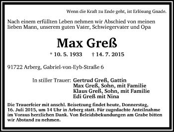 Traueranzeige von Max Greß von Ansbach