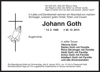 Traueranzeige von Johann Goth von Ansbach