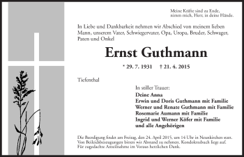 Traueranzeige von Ernst Guthmann von Ansbach