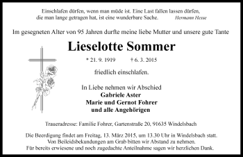 Traueranzeige von Lieselotte Sommer von Rothenburg