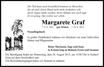 Traueranzeige von Margarete Graf von Neustadt/ Scheinfeld/ Uffenheim