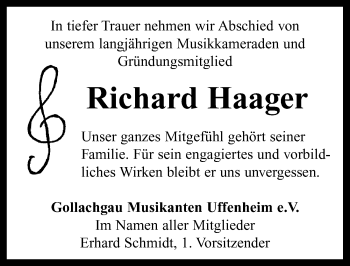 Traueranzeige von Richard Haager von Neustadt/ Scheinfeld/ Uffenheim